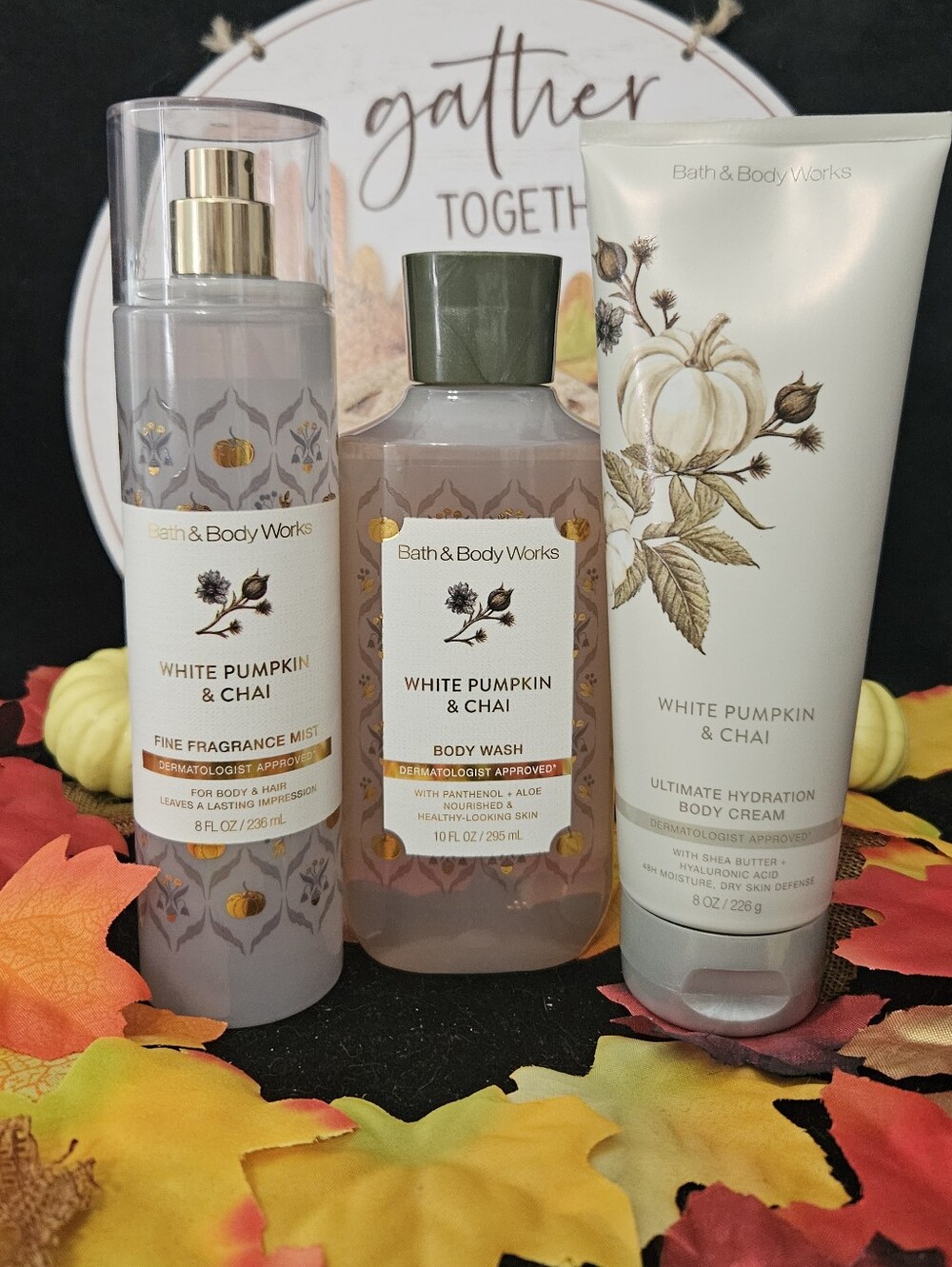 NWT Bath & Body Works White Pumpkin & Chai Body Care Trio - Cream, Tan